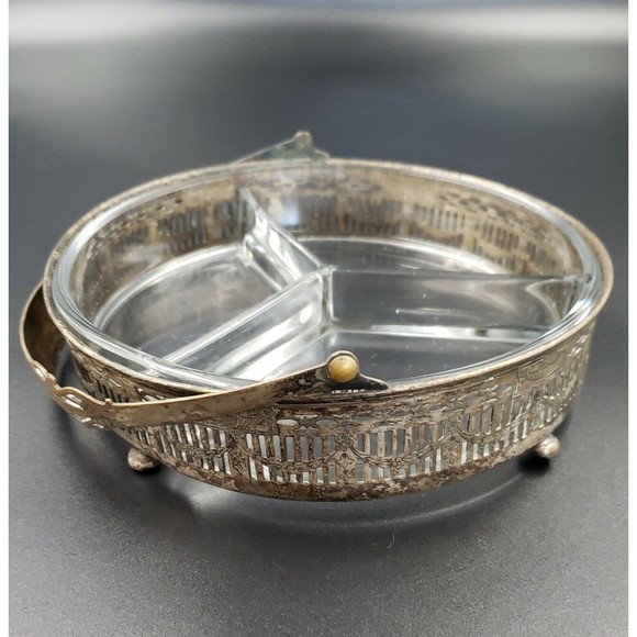 Art Nouveau Divided Glass Bowl with Distressed Silver Plate Holder Candy Snacks - Picture 8 of 16